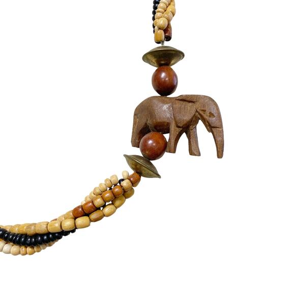 Vintage Wood Beaded Twisted Rope Carved Elephant Statement Necklace - Picture 3 of 5